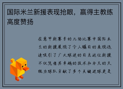 国际米兰新援表现抢眼，赢得主教练高度赞扬